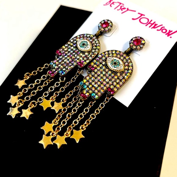 New Betsey Johnson Pavé Hamsa Hand Drop Earrings - Picture 7 of 9